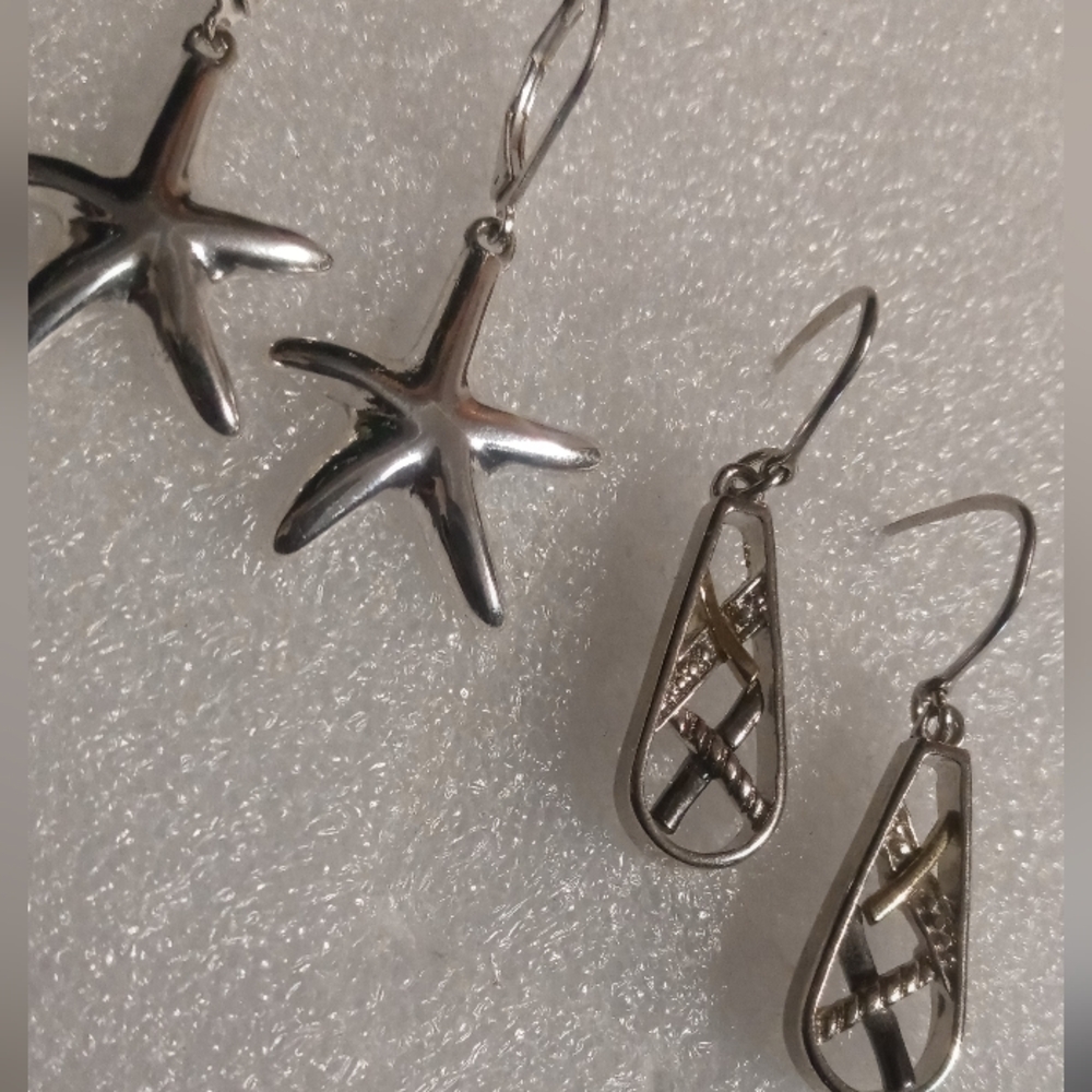 Silver Starfish & Tear Drop Shaped Drop Earrings